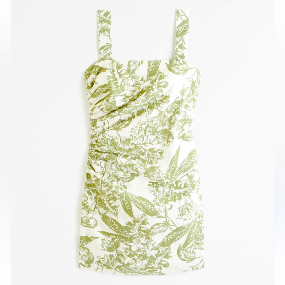 NWT Abercrombie & Fitch Linen Blend Ruched Squareneck Mini Dress Green XXLP